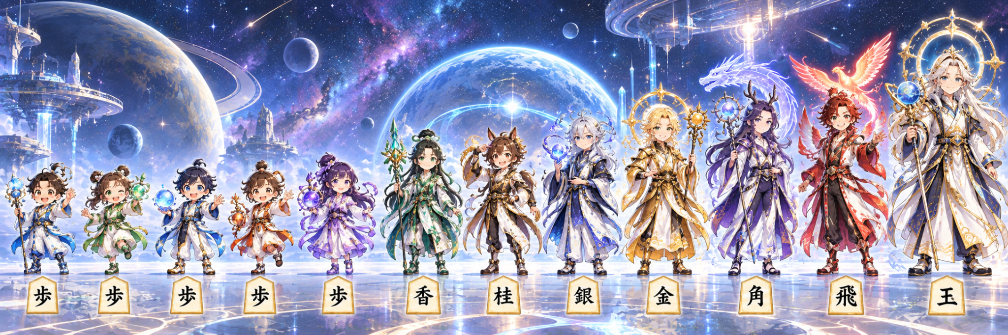 十二棋神のキャラクター・玉の組。歩5人、香、桂、銀、金、角、飛、玉。