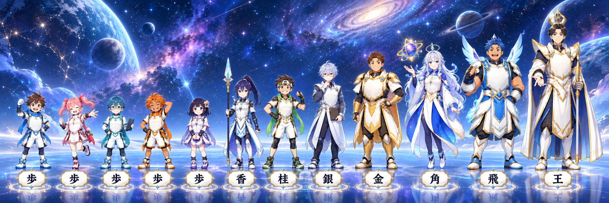 十二棋神のキャラクター・王の組。歩5人、香、桂、銀、金、角、飛、王。